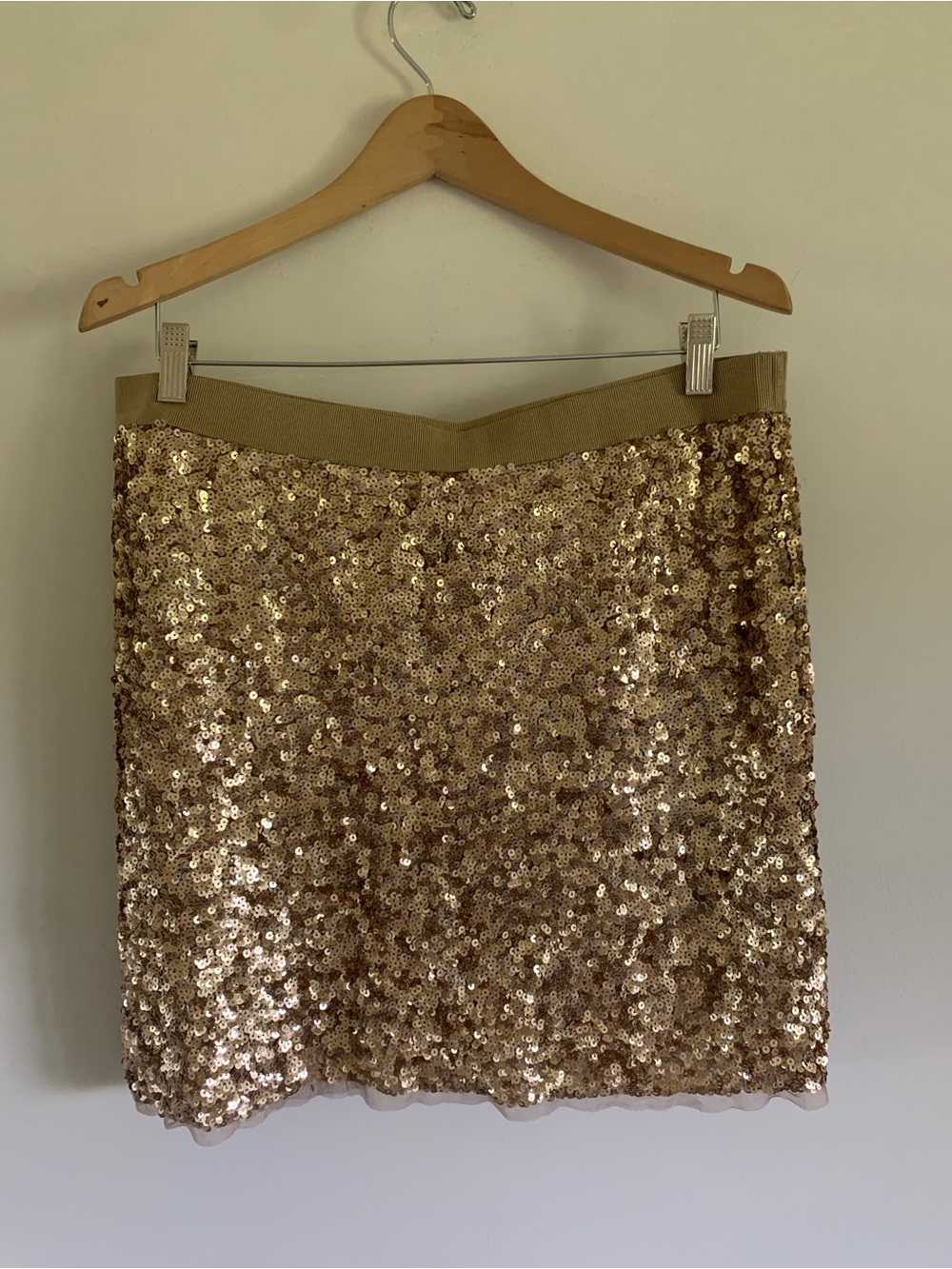 Lands’ End Canvas 1963 Gold Sequin Mini Skirt, Elastic Waistband, Large